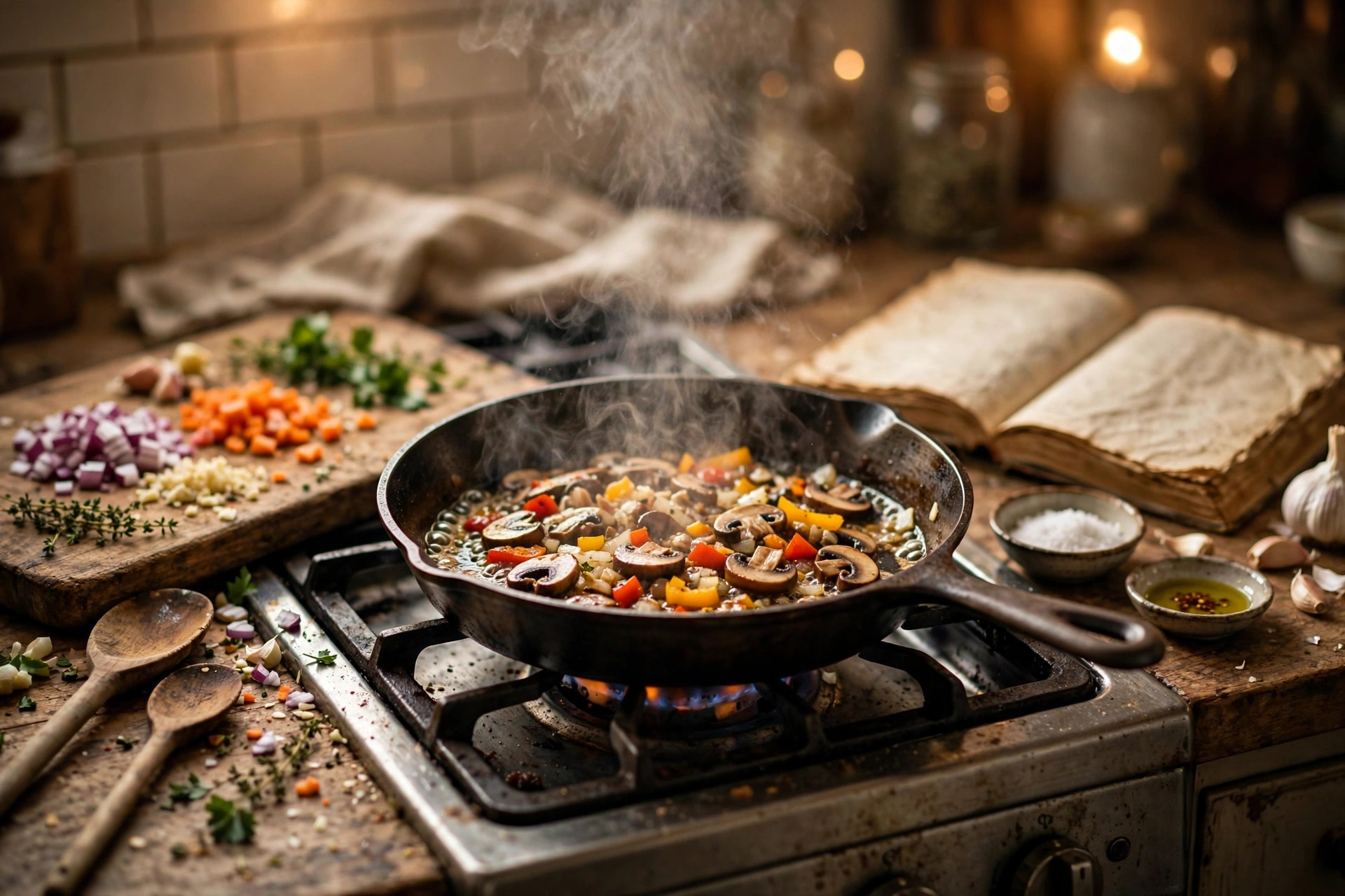 Cooking in progress in a well-used home kitchen