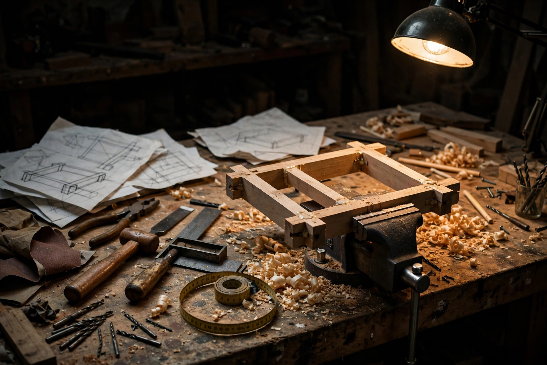 Workbench mid-project under a workshop lamp